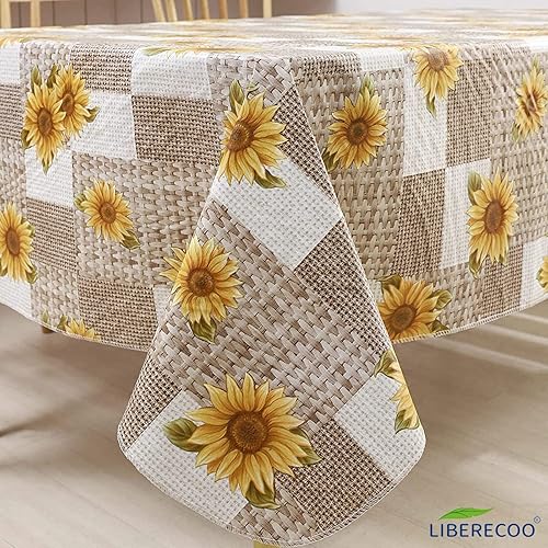 Miniatura 7 de LIBERECOO Mantel de vinilo con reverso de franela, 60 x 102 pulgadas, mantel rectangular de girasol, resistente a las manchas, mantel de plástico