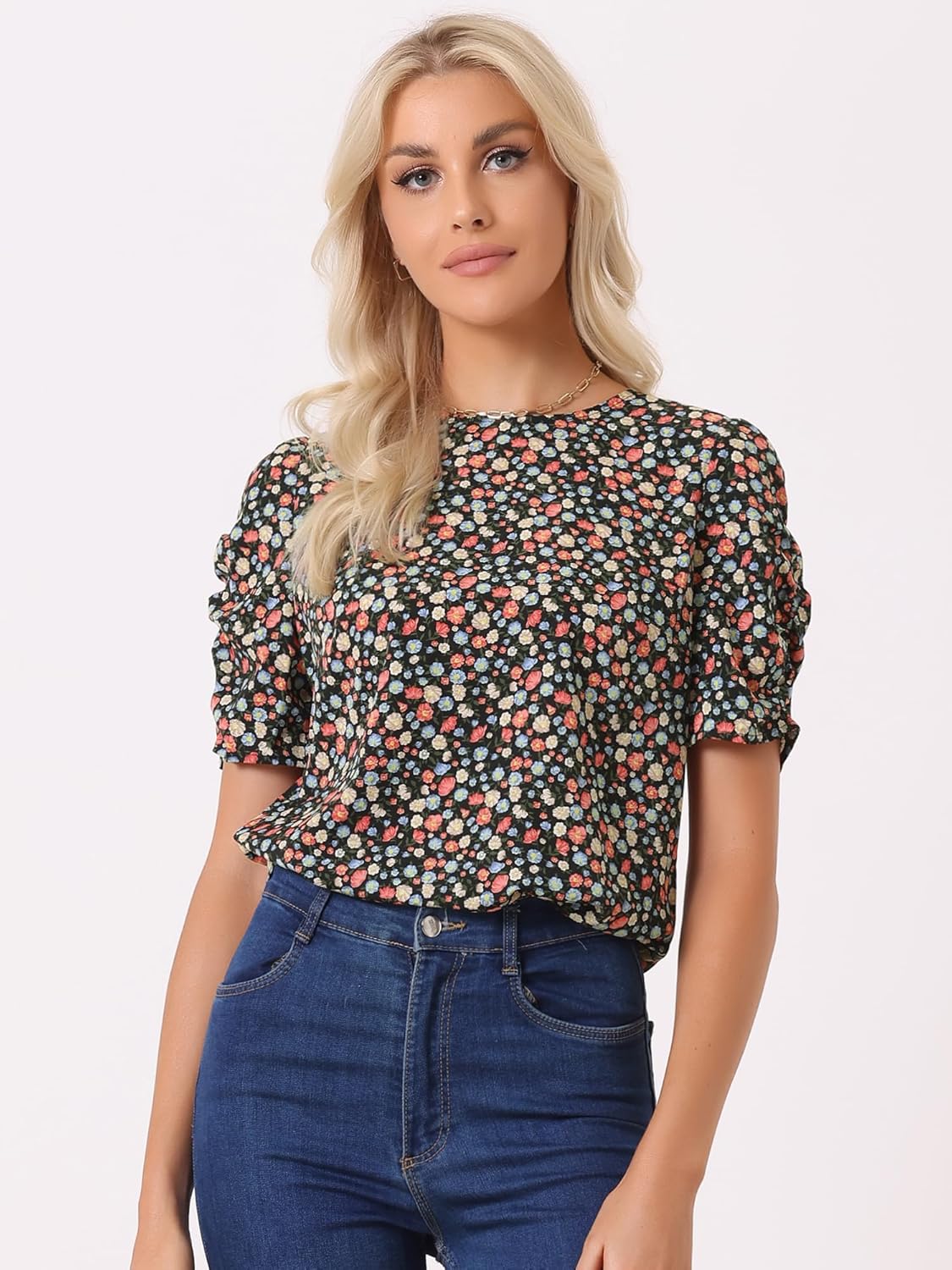 Allegra K Women's Floral Blouse Crew Neck Valentine's Day Casual Shirred Short Sleeve Top - Image 3