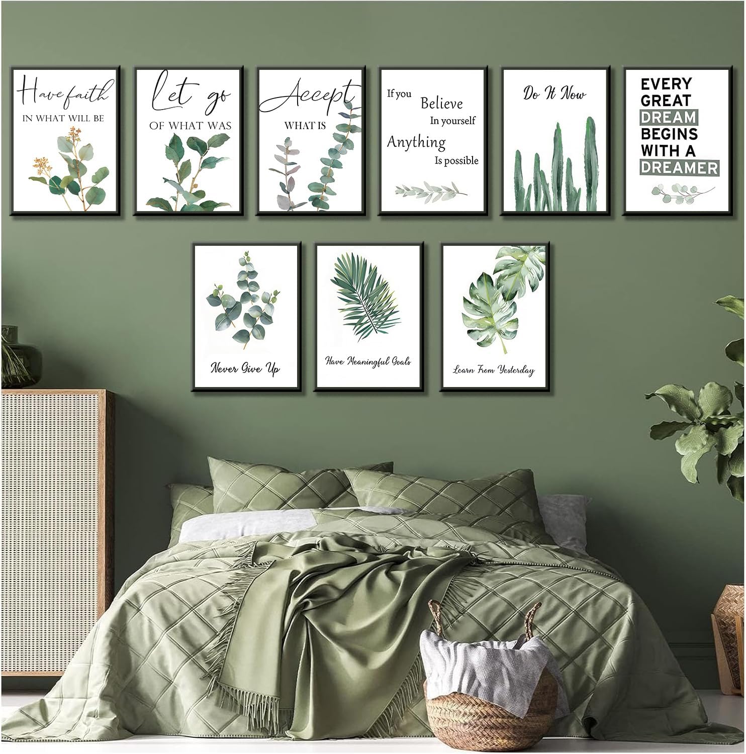 9pcs Inspirational Wall Art Motivational Quotes Wall Decor for Office Inspirational Eucalyptus Leaves Sage Poster Never Give Up Canvas Prints Painting Picture for ClassroomBedroom 12x16in Unframed