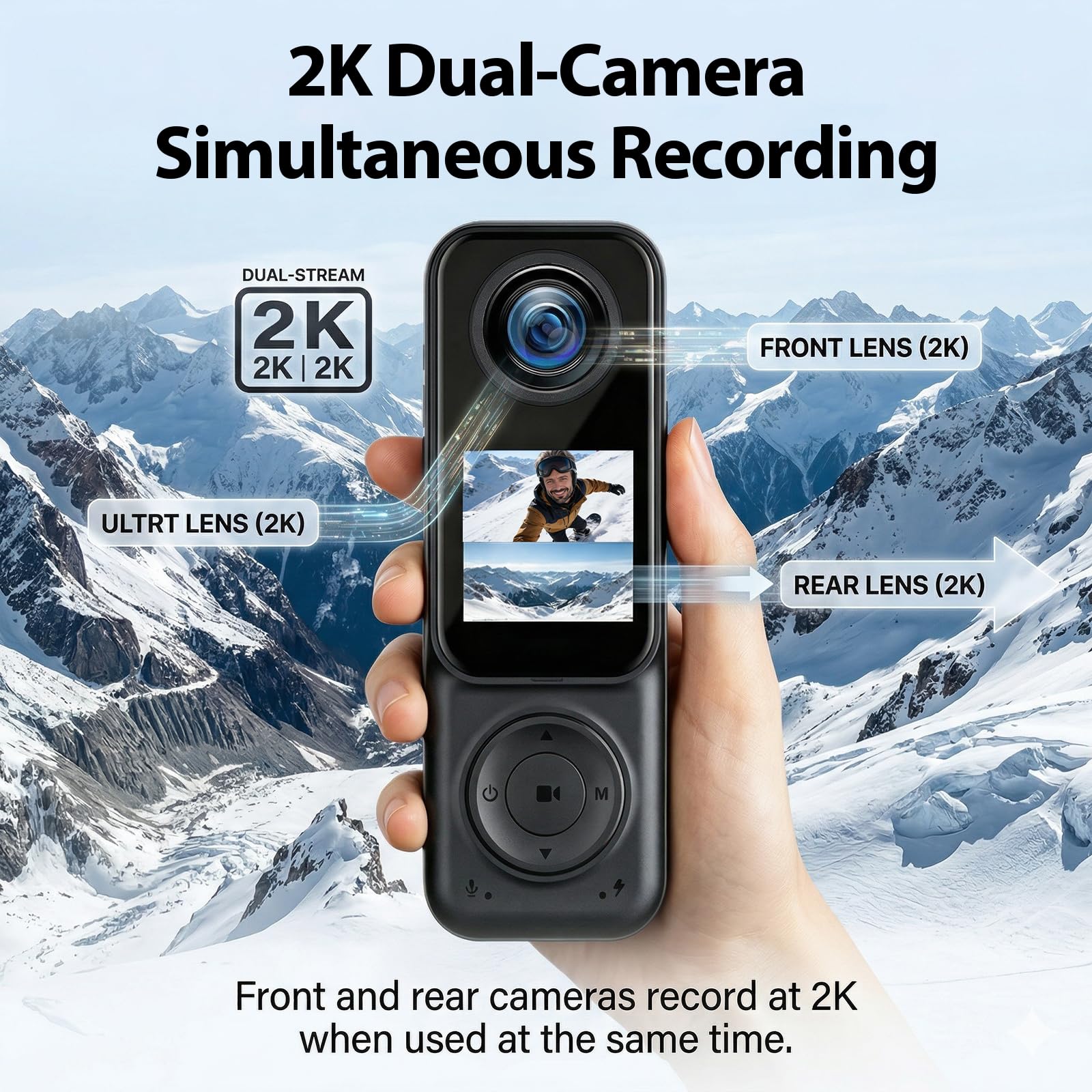 Caméra de corps 2K à double objectif POV, caméra de corps WiFi, caméra portable étanche, caméra d'enregistrement mains libres pour le sport, les voyages, le vélo, la moto, le vlogging