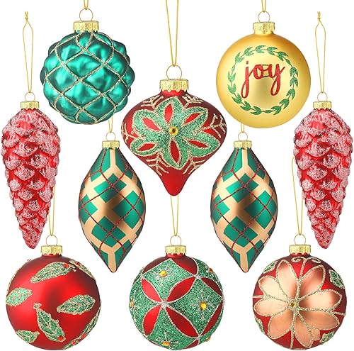 Suzile 10 adornos navideños de cristal, vintage, rojo, verde y dorado, adornos colgantes para árboles de Navidad, bolas de Navidad tradicionales, Suzile 10 adornos navideños de cristal, vintage, rojo, verde y dorado, adornos colgantes para árboles de Navidad, bolas de Navidad tradicionales,