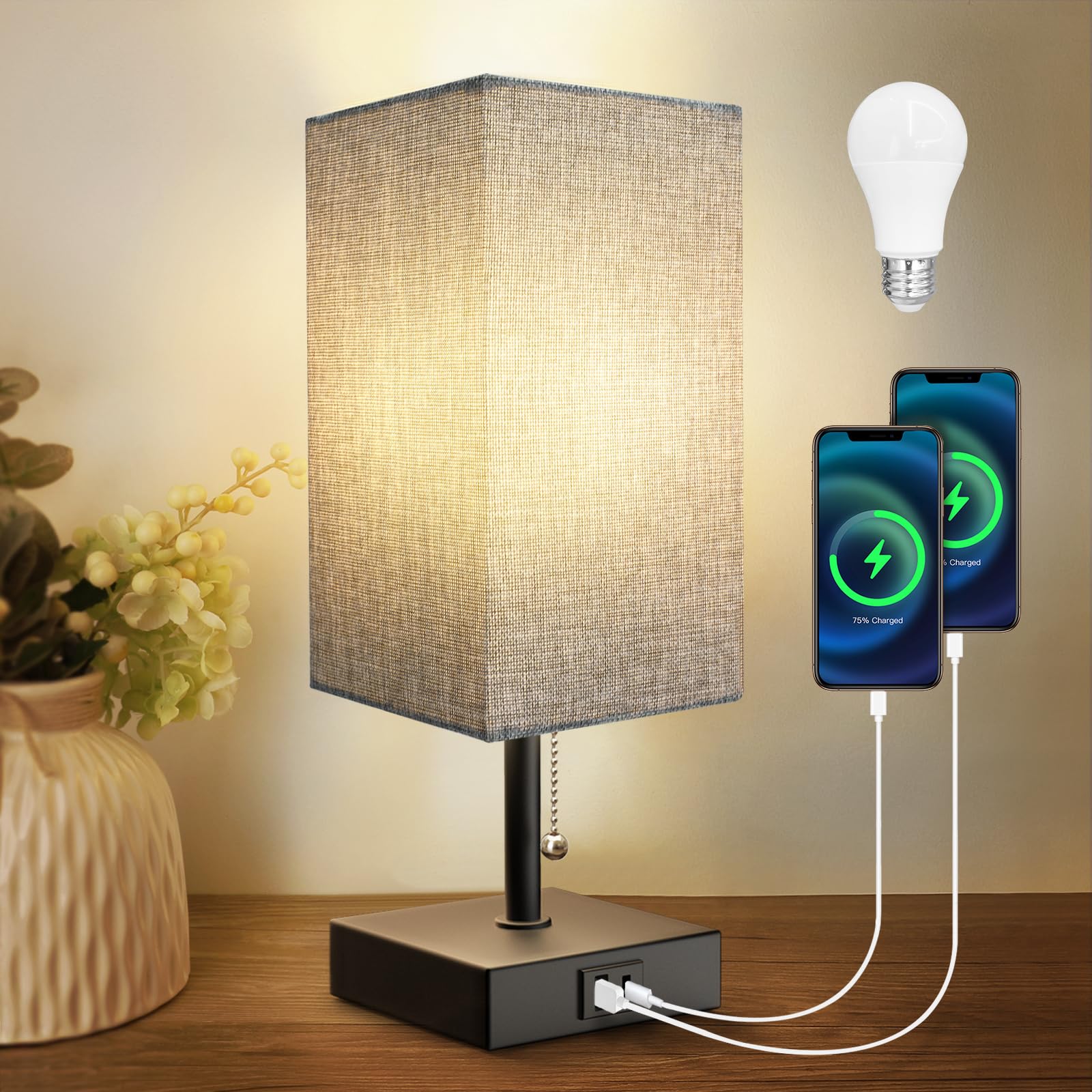 Table Lamp for Bedroom with USB A Port and C Port, Grey Bedside Lamp Night Stand Light Lamp with Square Fabric Shade, Small Lamp for Boys, with LED Bulb