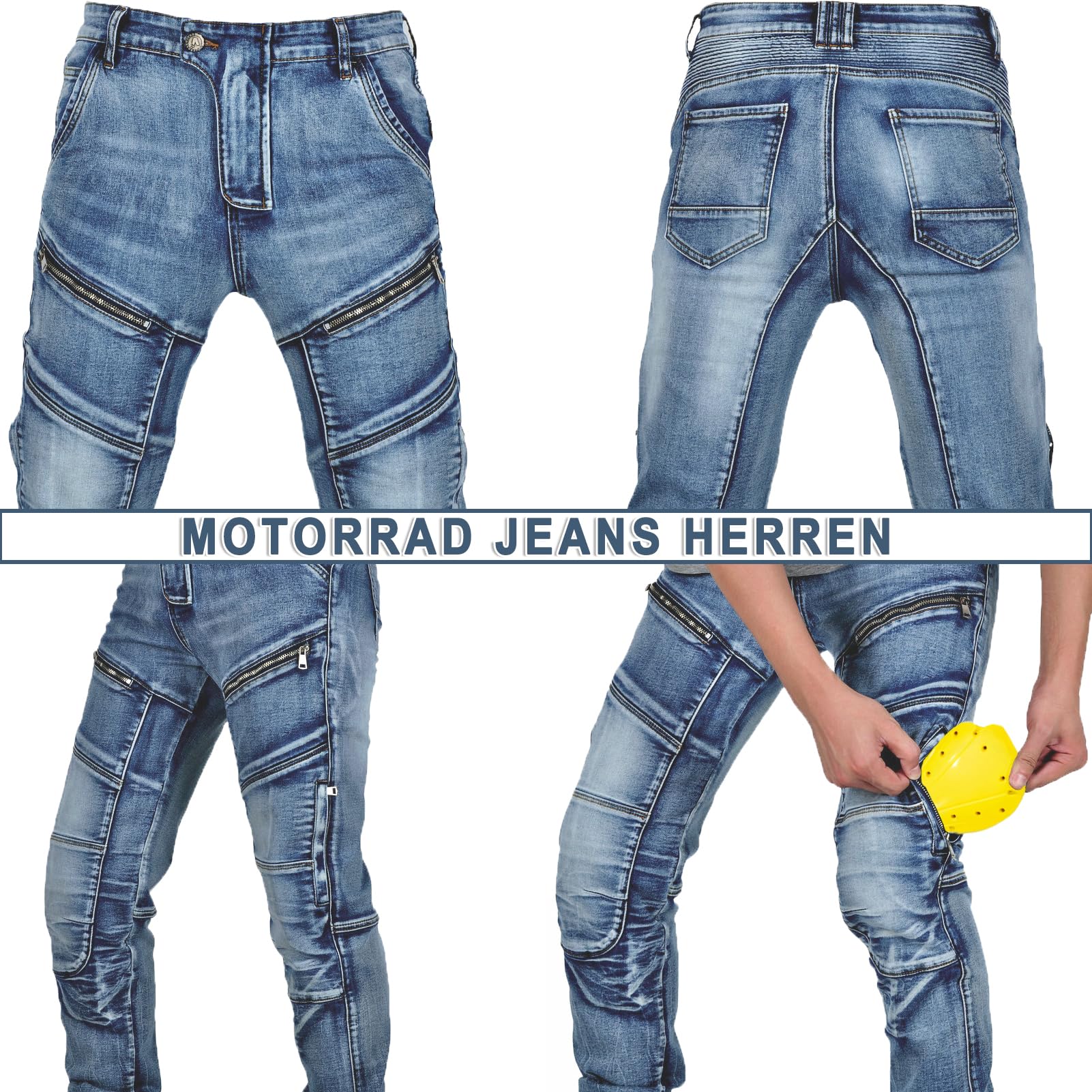 Motorradjeans Herren mit Aramid & Protektoren - Stretch Motorradhose Herren Abriebfest - Biker Jeans inkl. Knie- und Hüftschutz (Herausnehmbar) - Atmungsaktiv
