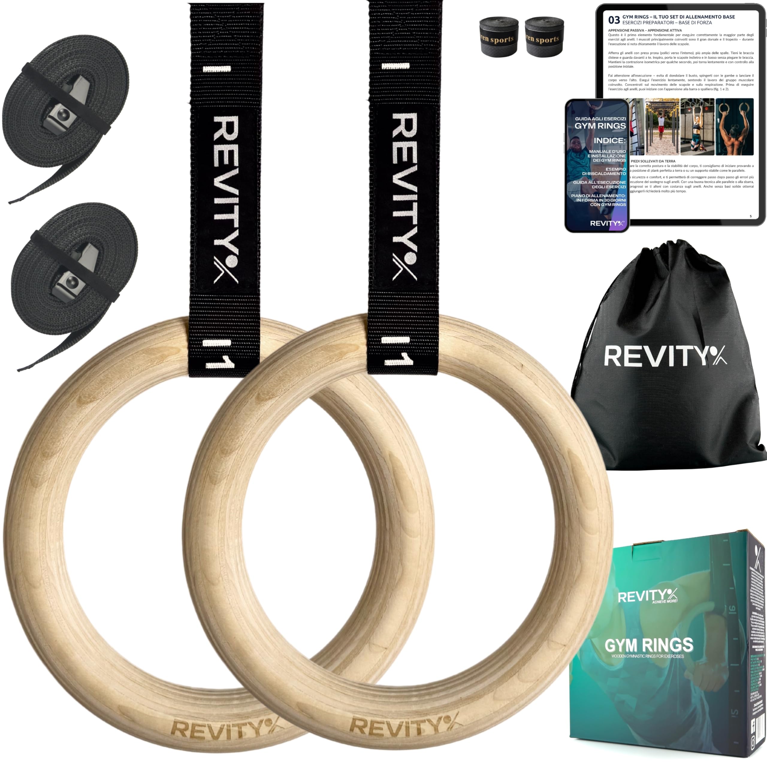 Anelli Calisthenics 32 mm - Anelli Ginnastica Legno per Crossfit e Palestra in Casa, Cinghie 450 x 3,8 cm con Marcature, Carico Massimo 250 kg, Nastri di Grip per Anello, Guida PDF