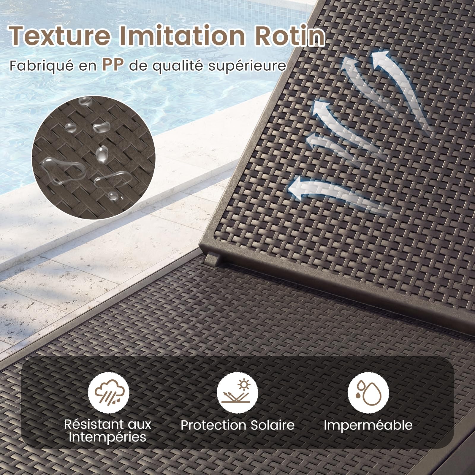 COSTWAY 2pcs Bain de Soleil en PP Effet Rotin, Chaise Longue Jardin Exterieur, Dossier Inclinable à 4 Positions, 6 Pieds, Montage sans Outil, Transat pour Terrasse Balcon Piscine, Charge 150kg(Marron)