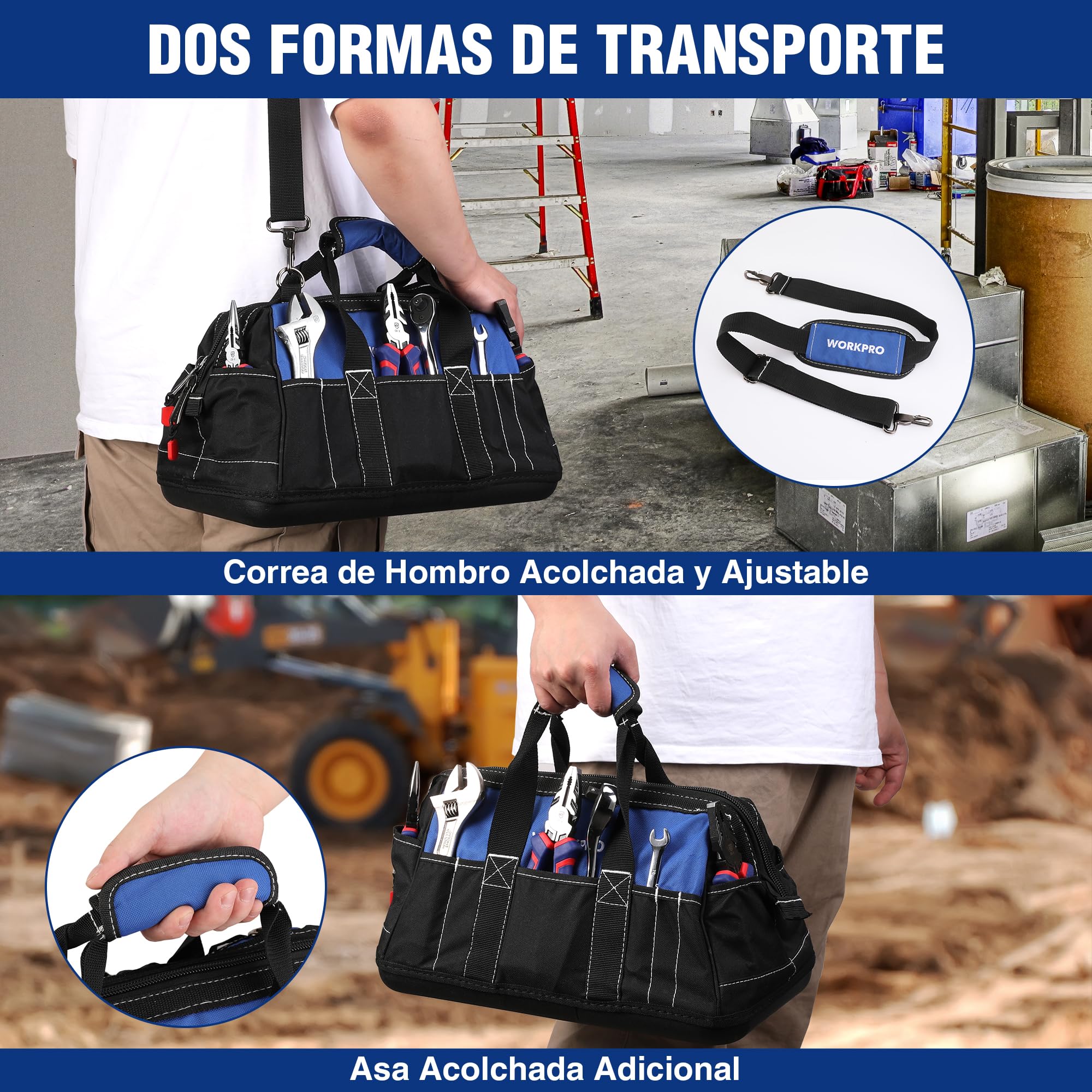 WORKPRO Bolsa de Herramientas 40 * 22 * 26cm, con Boca Ancha, Bolsa Portaherramientas, con Base de Plástico Rígida, Carga Máxima 15kg