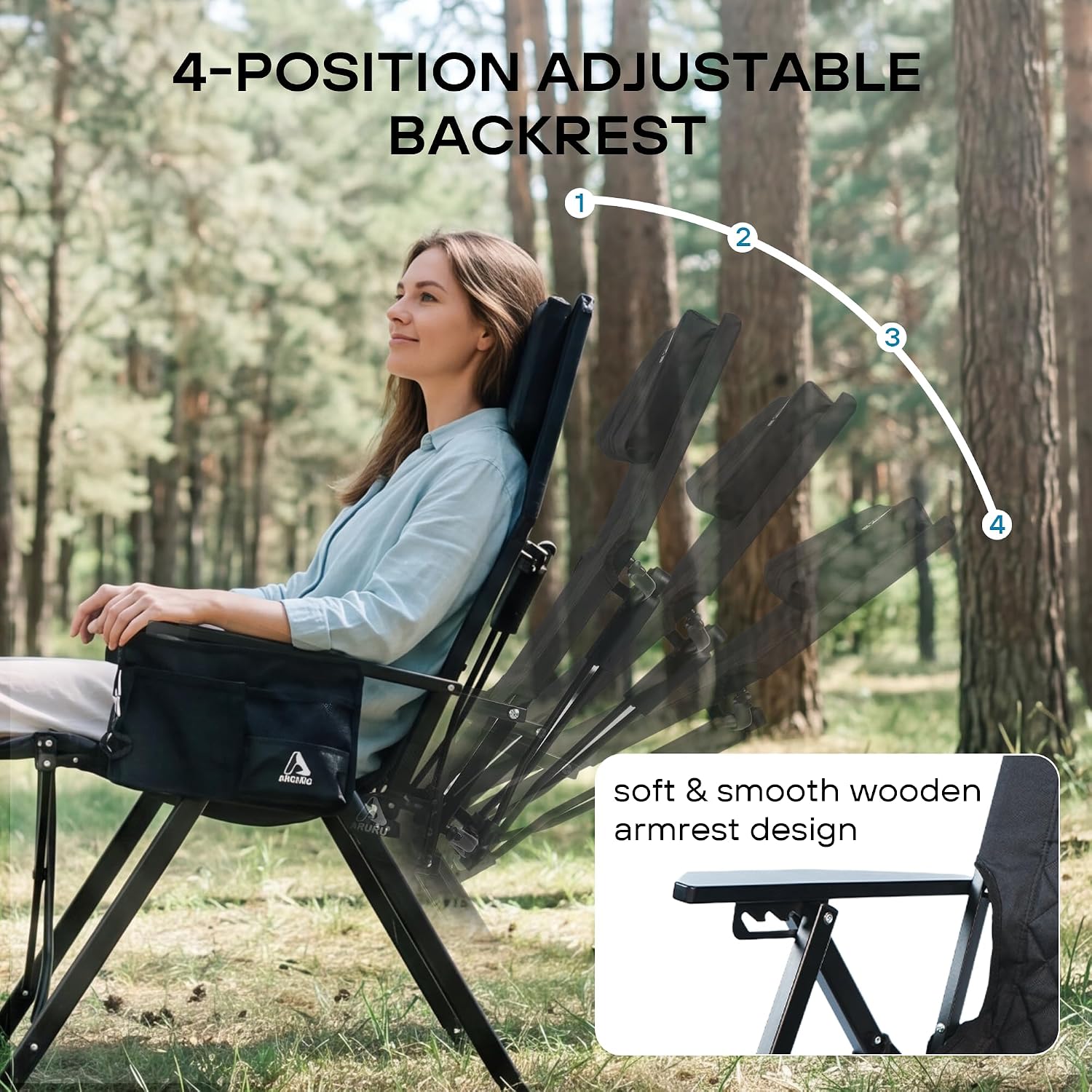 Reclining Camping Chair, Heavy Duty Folding Chairs with 4-Stage Adjustable High Back for Adults, Compact Foldable Outdoor Patio Reclining Chair with Storage Bag (Black, 2 Pack)