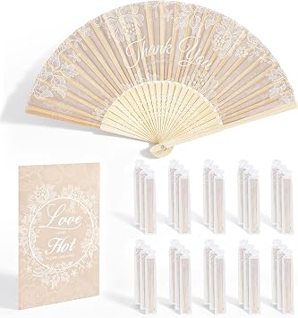 Aneco 30 Sets White Lace Wedding Folding Fans, Bamboo Handheld Folding Fans with Organza Bags Table Sign, Thank You Vintage Silk Handheld Fan for Bridal Shower Wedding Party Decorations