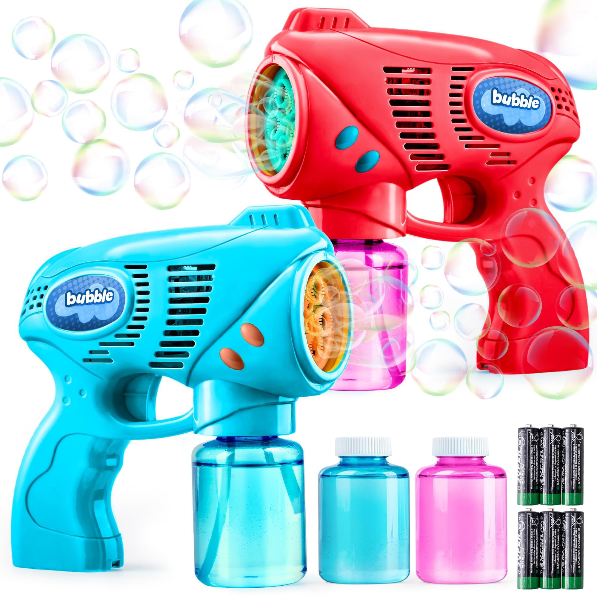 JOYIN 2 Seifenblasenpistole für Kinder mit Seifenblasenflüssigkeit (2 * 130 ml), seifenblasenmaschine für Party, Seifenblasen Pistole für Sommer Party, Indoor Outdoor Aktivitäten, Ostern(blau+rot)