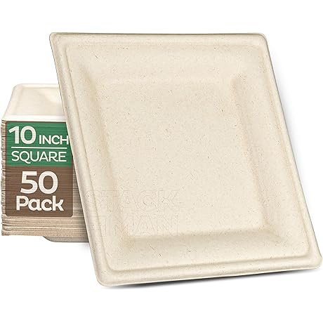 Stack Man - Compostable Square Paper Plates 10 Inch [50-Pack]