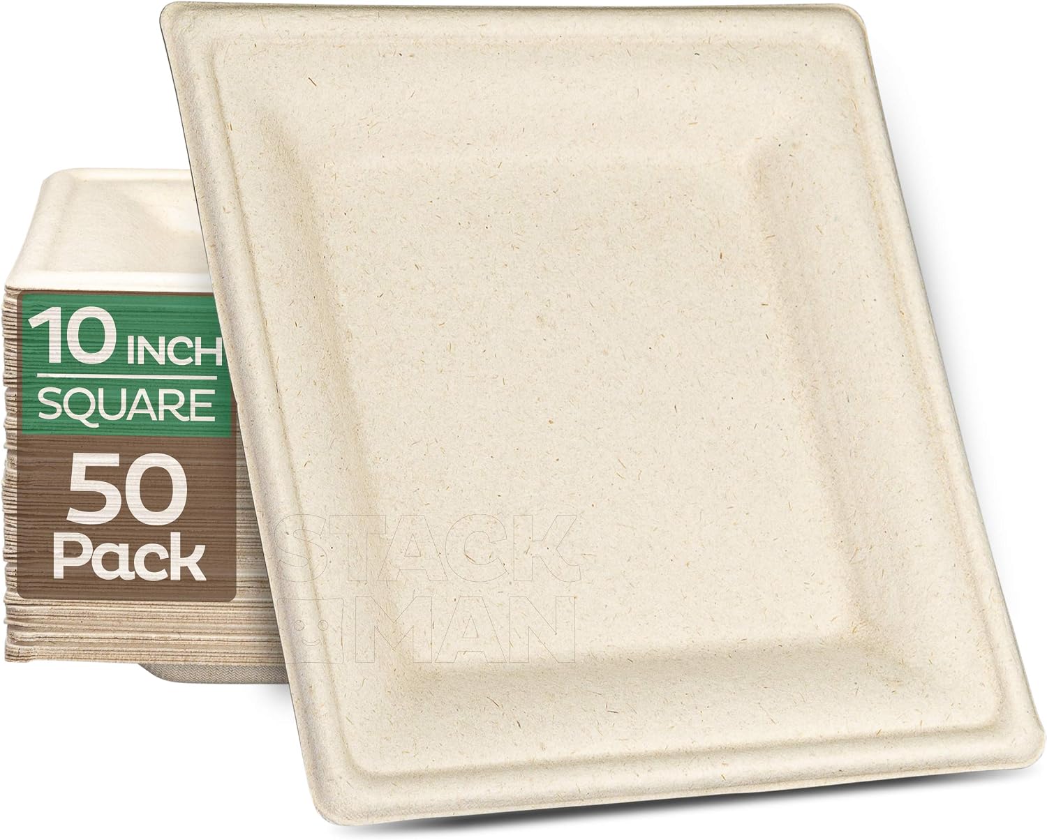100% Compostable Square Paper Plates [10 inch - 50-Pack] Elegant Disposable Dinner Plates Heavy-Duty Quality, Natural Bagasse Unbleached Eco-Friendly Made of Sugar Cane Fibers, 10" Biodegradable Plate