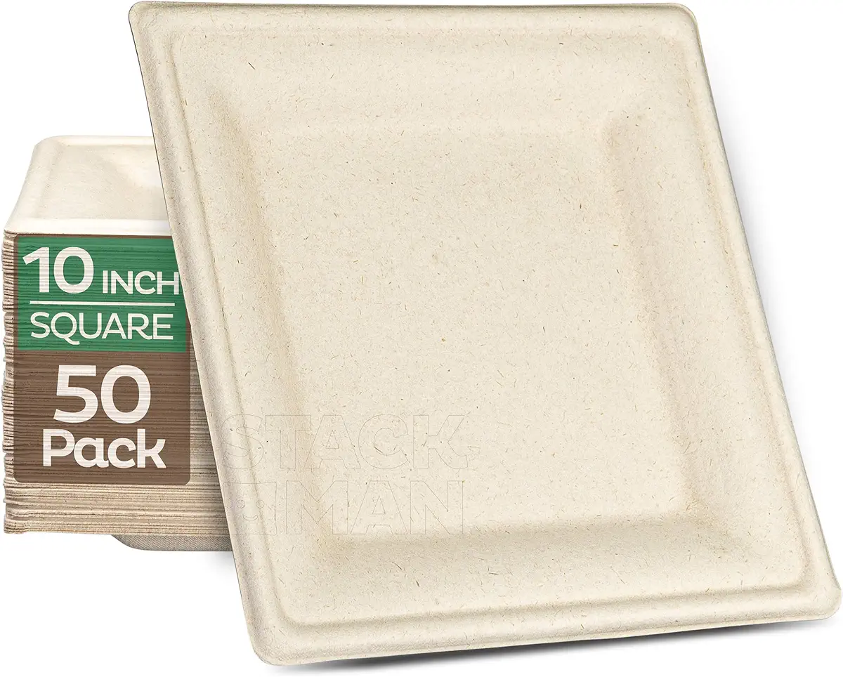 100% Compostable Square Paper Plates [50-Pack] - {PFAS-Free} - {BPI Certified} - [10 Inch] Heavy Duty, Eco-Friendly, Biodegradable Bagasse Dinner Plates - Natural Brown 10&#34; Plate by Stack Man