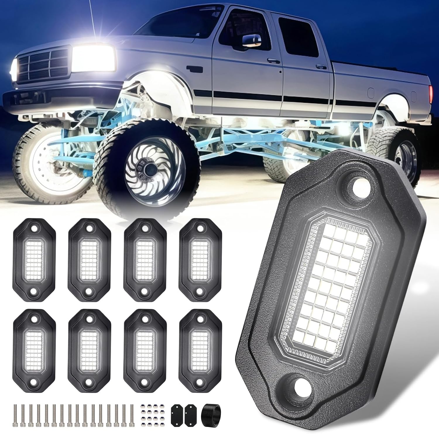 8 Pods Pure White Rock Lights for Trucks, Aluminum Housing, Each Rock Light Comes with a 15-Foot Extension Cord, for Pickup Trucks SUV UTV ATV RZR Car Boats
