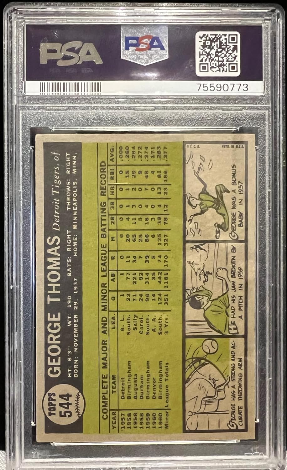 George Thomas Graded PSA 6 EX-MT 1961 Rookie Card Collectible Baseball Card - 1961 Topps Baseball Card #544 (Tigers)