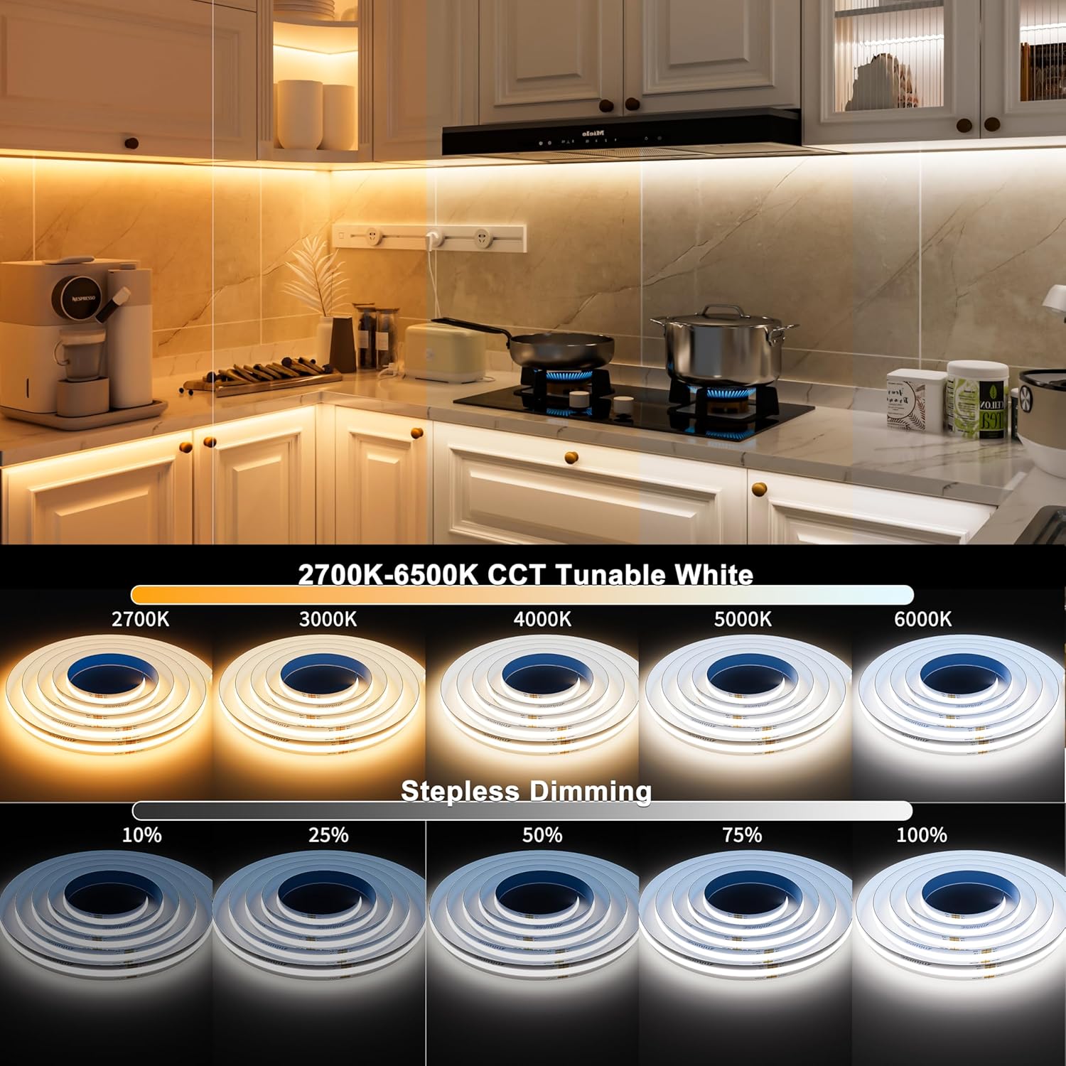 MIWISE COB LED Strip Light White LED Tape Lights 2700K-6500K 24V Color Changing Dimmable 20ft UL-Listed Super Bright with Remote & APP Control for Under Cabinets,Bedroom,Kitchen,Mirror,TV DIY Lighting - Image 2