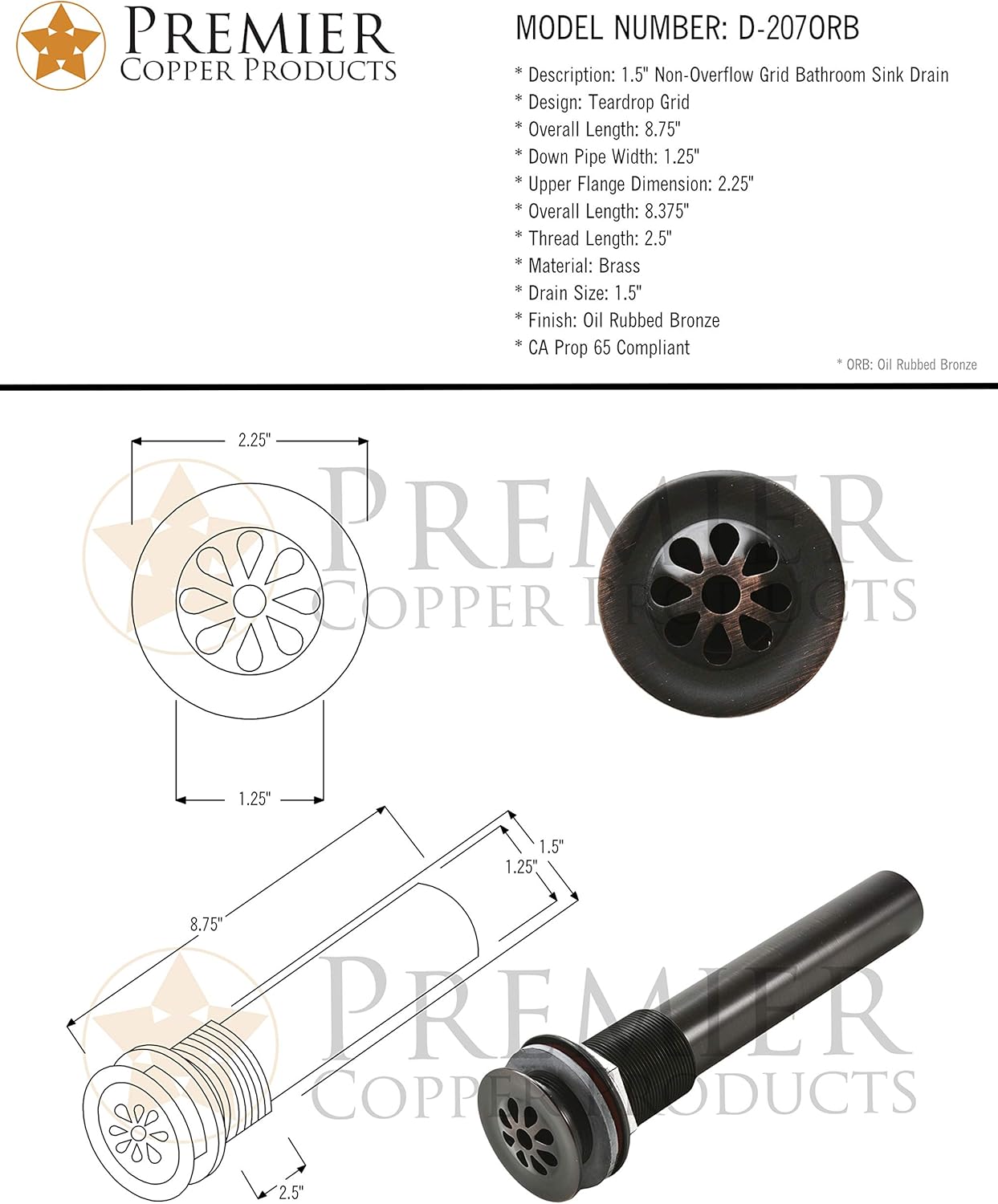 Premier Copper Products D-207ORB 1.5-Inch Non-Overflow Grid Bathroom Sink Drain, Oil Rubbed Bronze