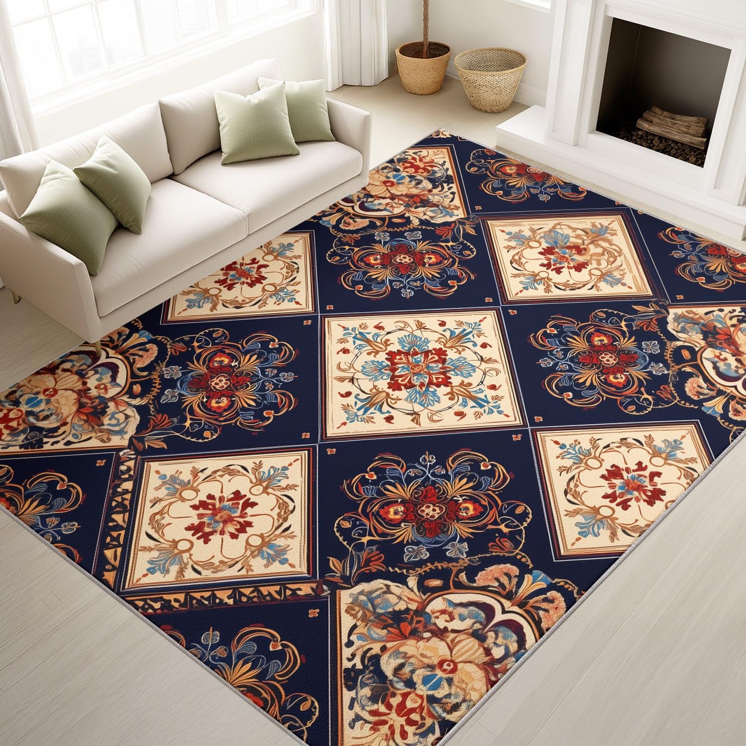 Tapis lavable salon 140x200 cm tapis vintage géométrique poil bas