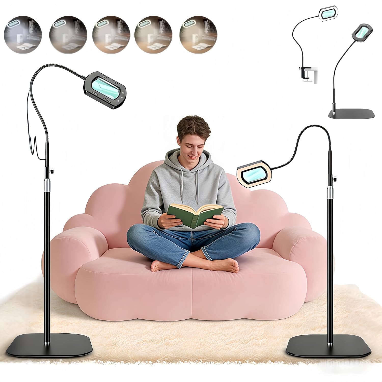 WEEOATAR 10X Magnifying Glass with Light and Stand, 5 Color Modes Magnifier, Hands-Free, 3 in 1 Lighted Magnifiers, Floor, Desk Lamp with Clamp for Elderly, Reading, Close Work (Square)