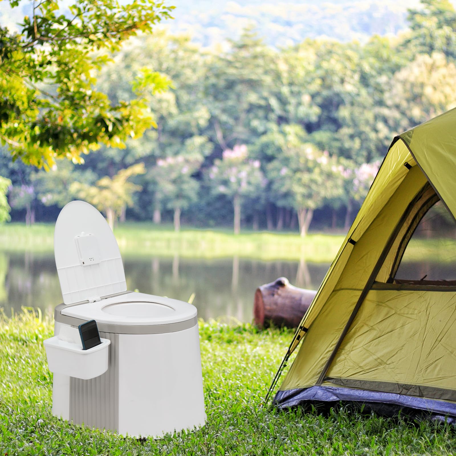 Bonnlo Inodoro portátil para camping, Inodoro viajero portátil, cubeta interior desmontable. Inodoro móvil con asiento, tapa y sujetapapeles (Gris y Blanco)