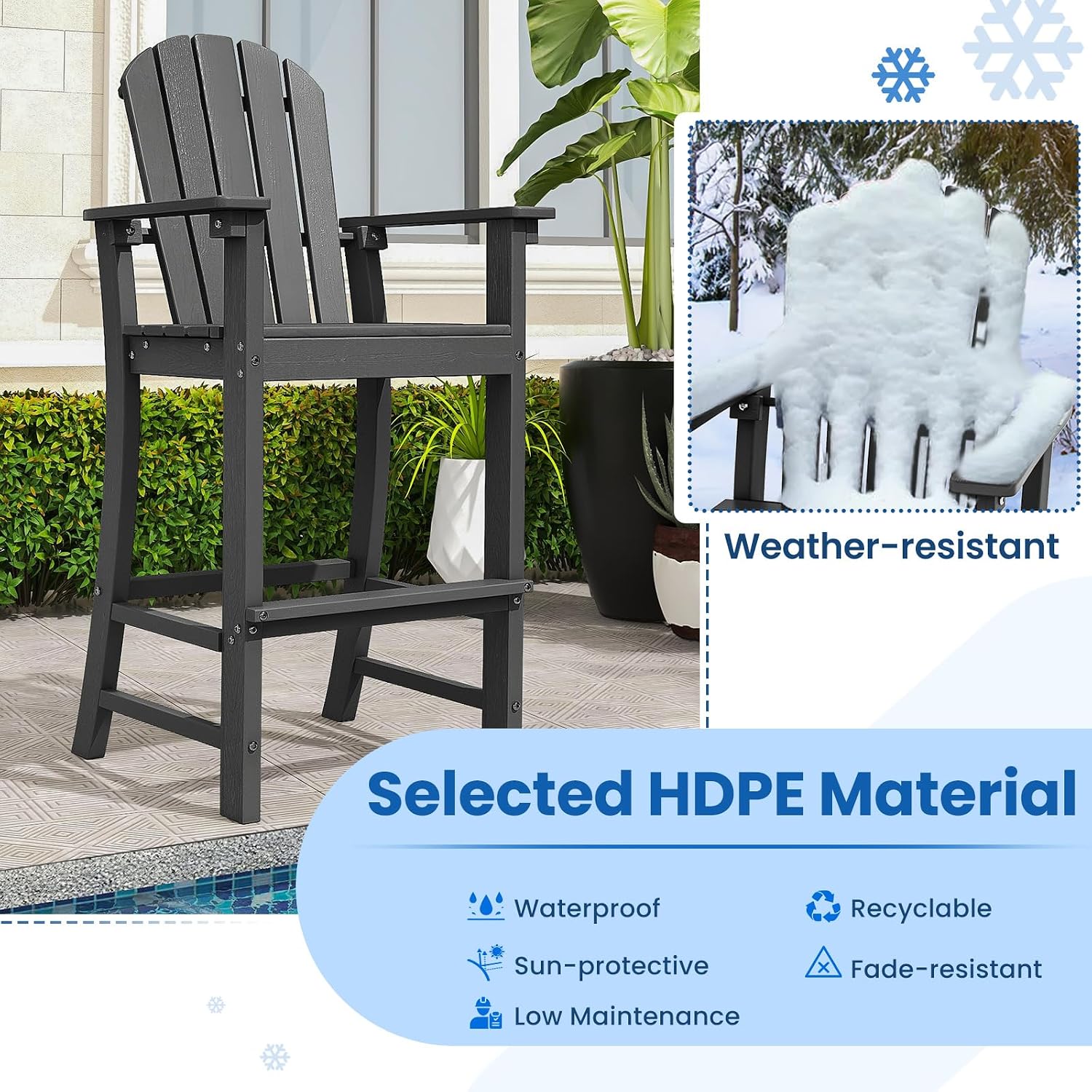 Tangkula Outdoor Tall Adirondack Chair 30 Inches Seat Height, HDPE Bar Height Patio Chair with High Backrest, Armrests and Footrest, Outdoor Bar Stool for Balcony Deck Garden Poolside (2, Black)