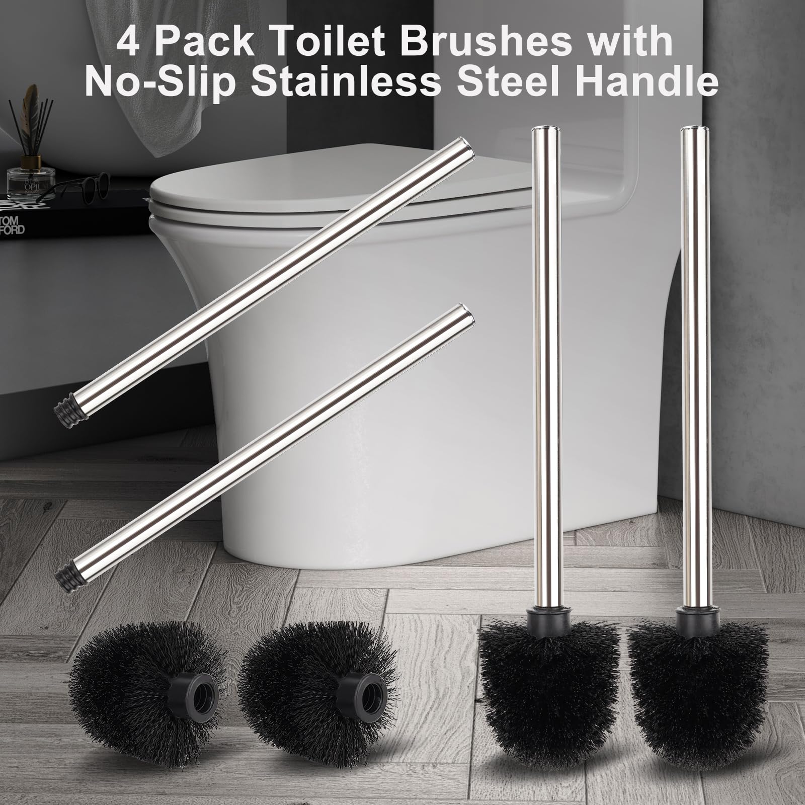 Set Di 2 Scopini WC Con 3 Testine Di Ricambio - Manico Acciaio Inox, Nero, Diametro 7 Cm, Per Pulizia Profonda