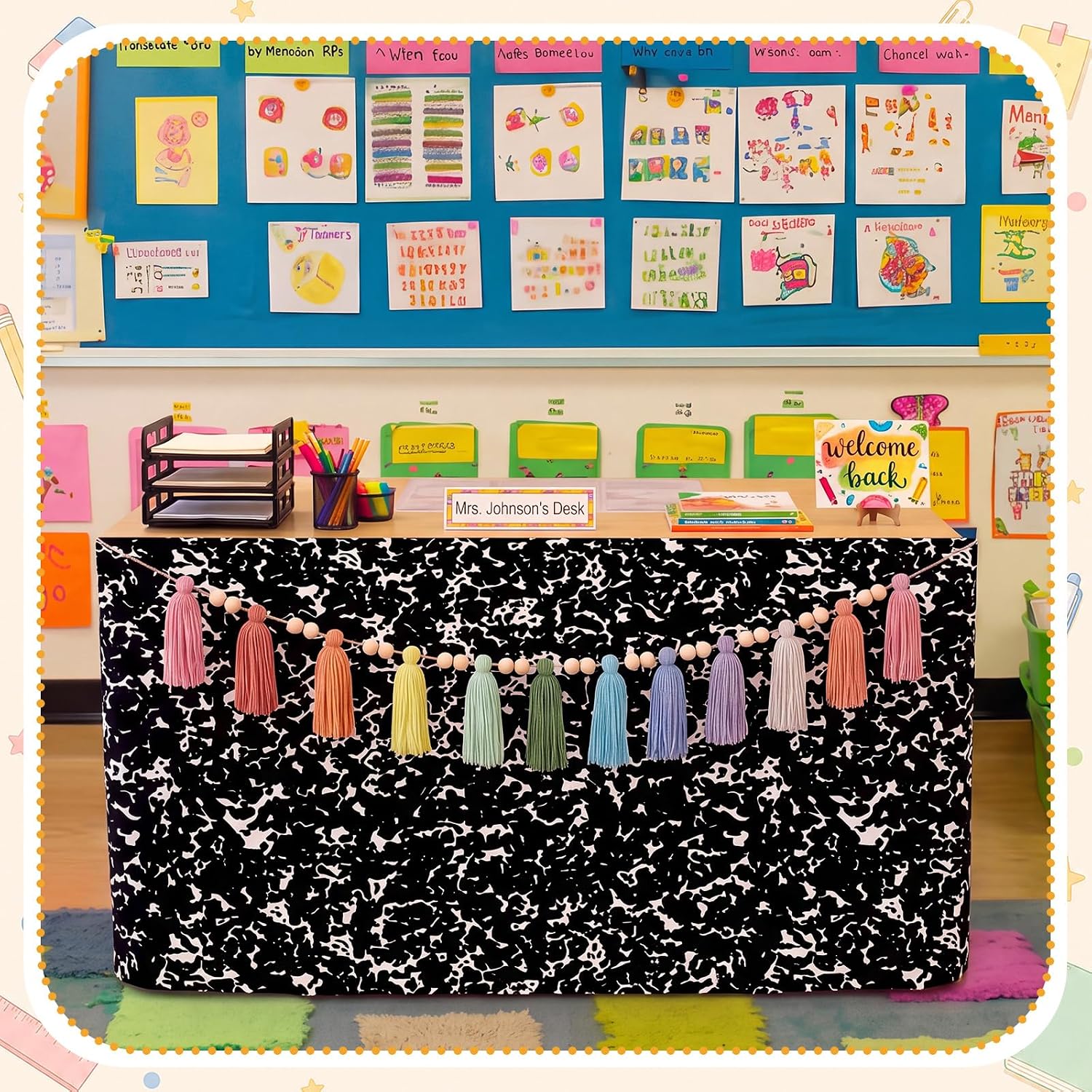 Irenare 2 Pcs 6Ft Composition Teacher Desk Skirt and Tassels Garland