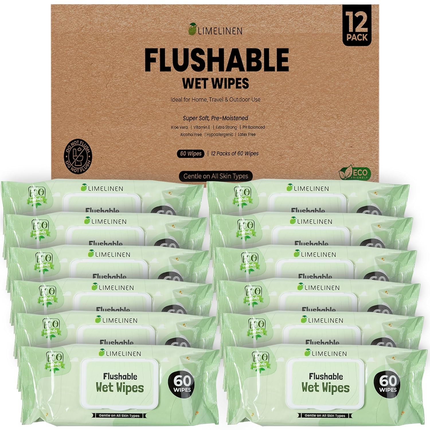 LimeLinen Flushable Wipes 100% Plant-Based, Alcohol-Free, Hypoallergenic, pH-Balanced | Flushable & Septic-Safe, Resealable 60-Count Value Pack (12-Pack 720 Wipes)