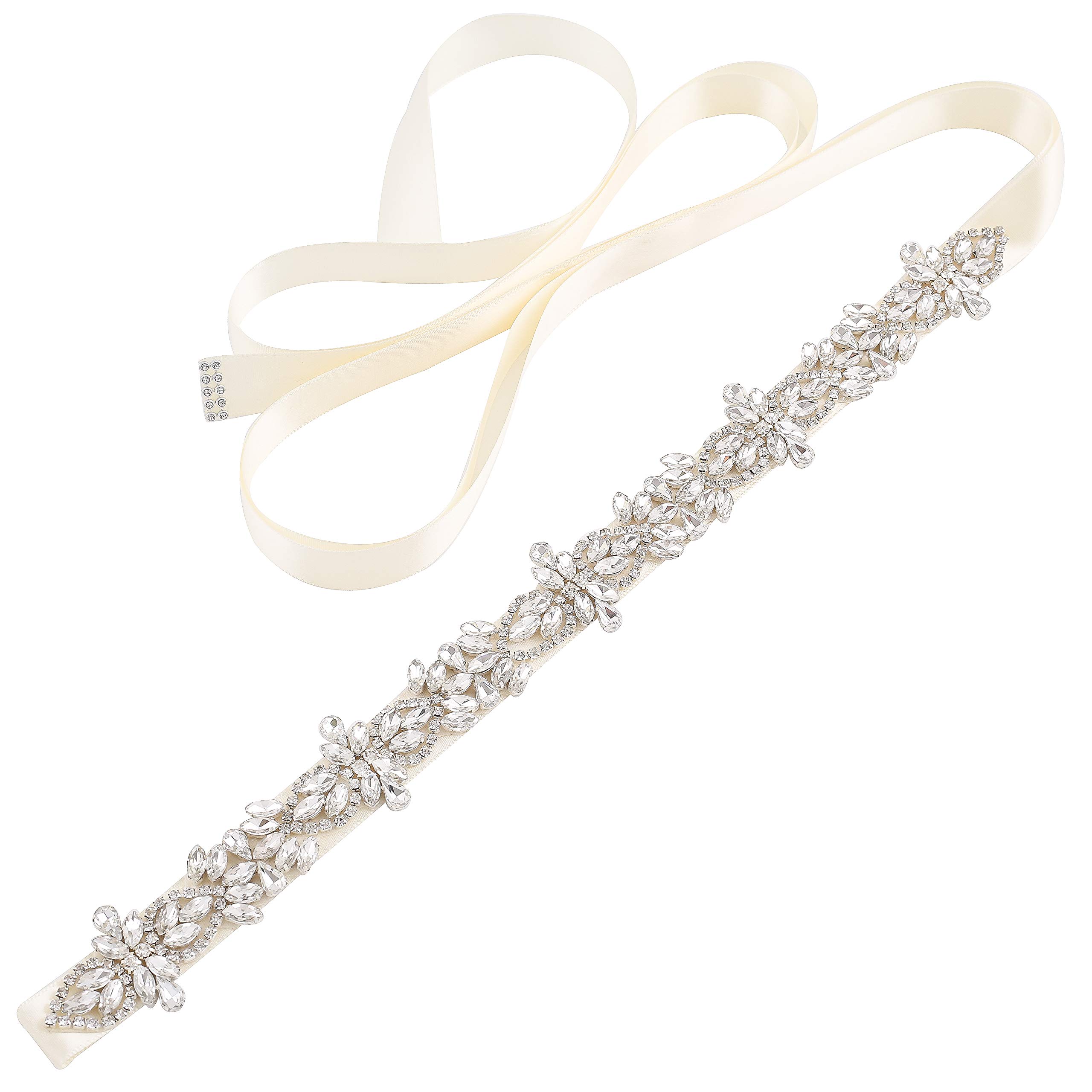 WEZTEZ Silver Rhinestones Bridal Sash Belt Clear Crystal Wedding Belt Pearl for Bride Dress Plus Size, Ivory, One Size