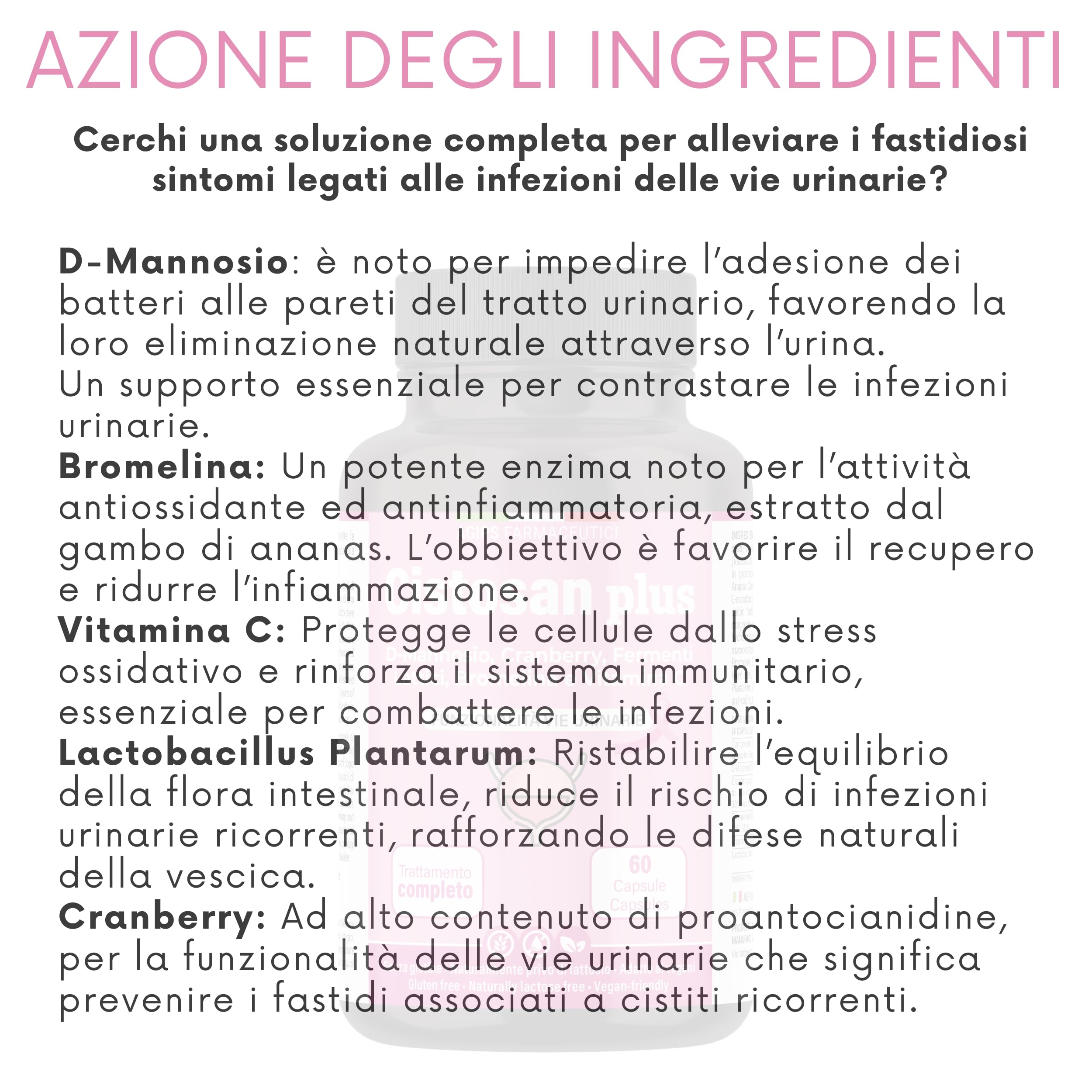 Integratore Cistite con D-Mannosio Puro 2000 mg Bromelina Mirtillo Rosso Fermenti lattici Vitamina C Per Favorire La Funzionalità Vie Urinarie Vegano 60 capsule Cistosan Agips Farmaceutici