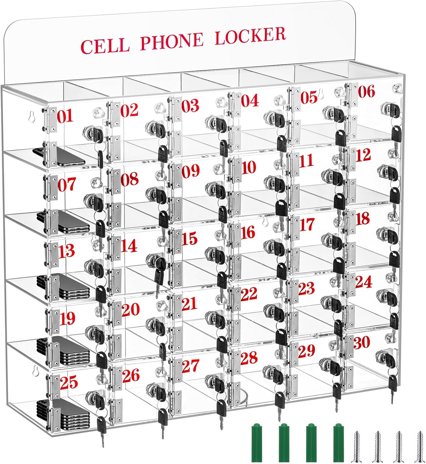 Clear Cell Phone Locker Box with Keys Acrylic Cell Phones Storage Cabinet Wall Mounted Clear Phone Lock Box Classroom Phone Organizer for Pocket Cellphone Holder School Office (30 Slots Style)