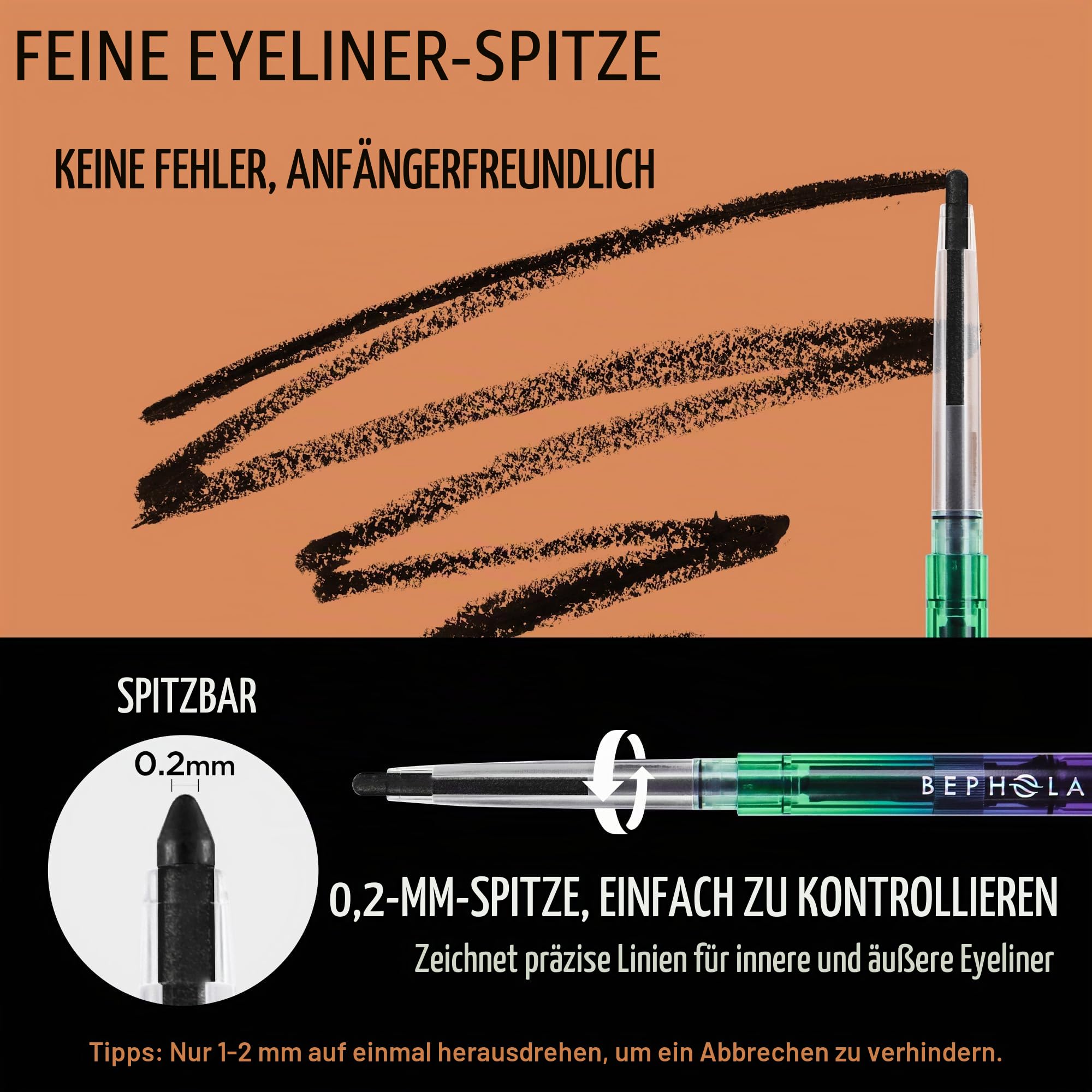BEPHOLAN Schwarz Wasserfester Gel-Eyeliner-Bleistift für Damen, langlebig, wasserdicht, wischfest