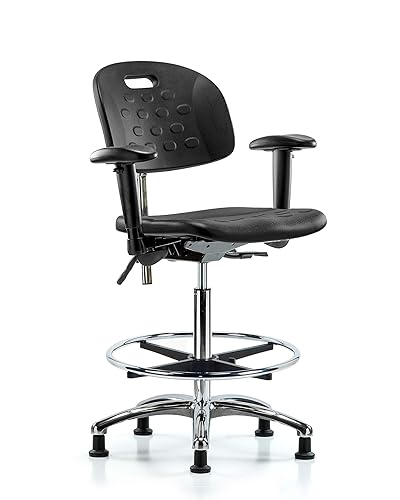 LabTech Seating LT40729 Clase 10 - Silla de banco de poliuretano con mango alto, base cromada, brazos, anillo de pie cromado, deslizamientos