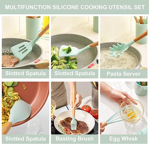 Miniatura 4 de Juego de utensilios de cocina de silicona, resistente al calor, espátula, pinzas giratorias, cuchara, cepillo, batidor, utensilios de cocina