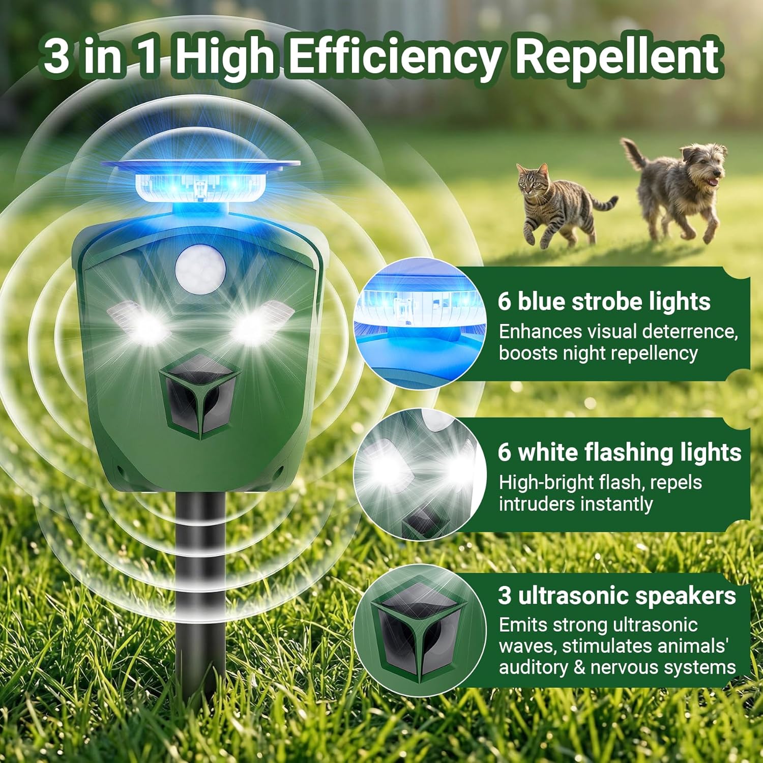 360° Solar Ultrasonic Animal Repellent Outdoor, Deer Repellent Devices with Flash Lights, Animal Deterrent Devices Outdoor for Squirrels, Snakes, Cats, Dogs, Rabbits, Opossums, Coyotes, Raccoons