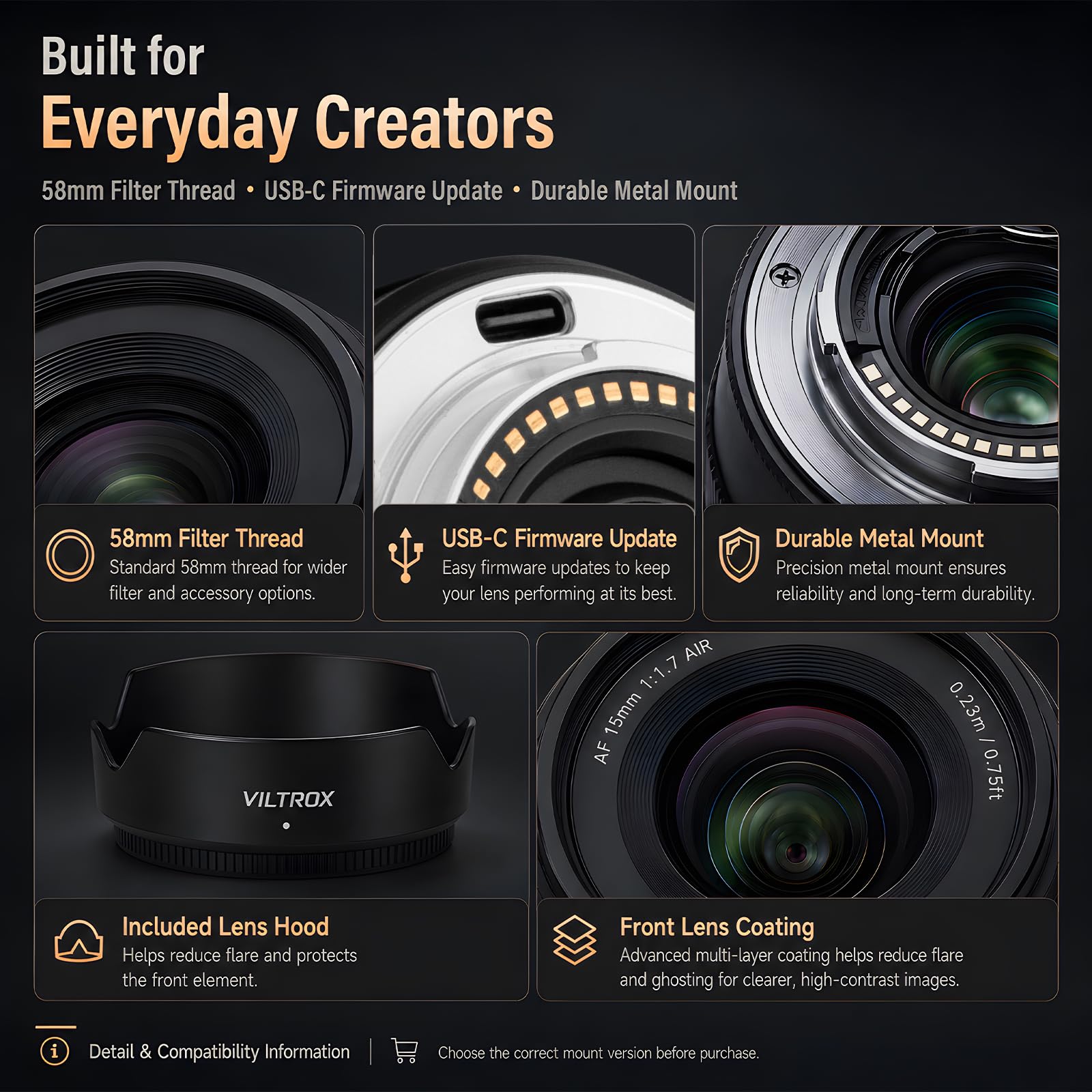 VILTROX 15mm F1.7 Objectif Automatique Appareils Photo Monture E Sony Lens Grand Angle Grande Ouverture STM Compatible Appareils Photo APS-C Sony A5000 A5100 A6000 A6100 A6300 A6400 A6500