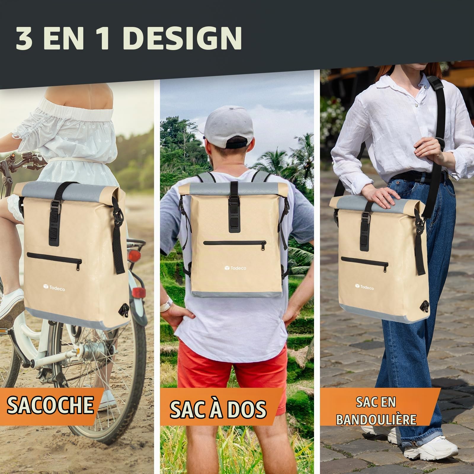 Todeco Sac à Dos de Vélo Sacoches de vélo pour Porte-Bagages 20L Beige | Sac à Dos étanche et Sacoche Bandoulière, Imperméable & Réfléchissante, Compartiment Ordinateur