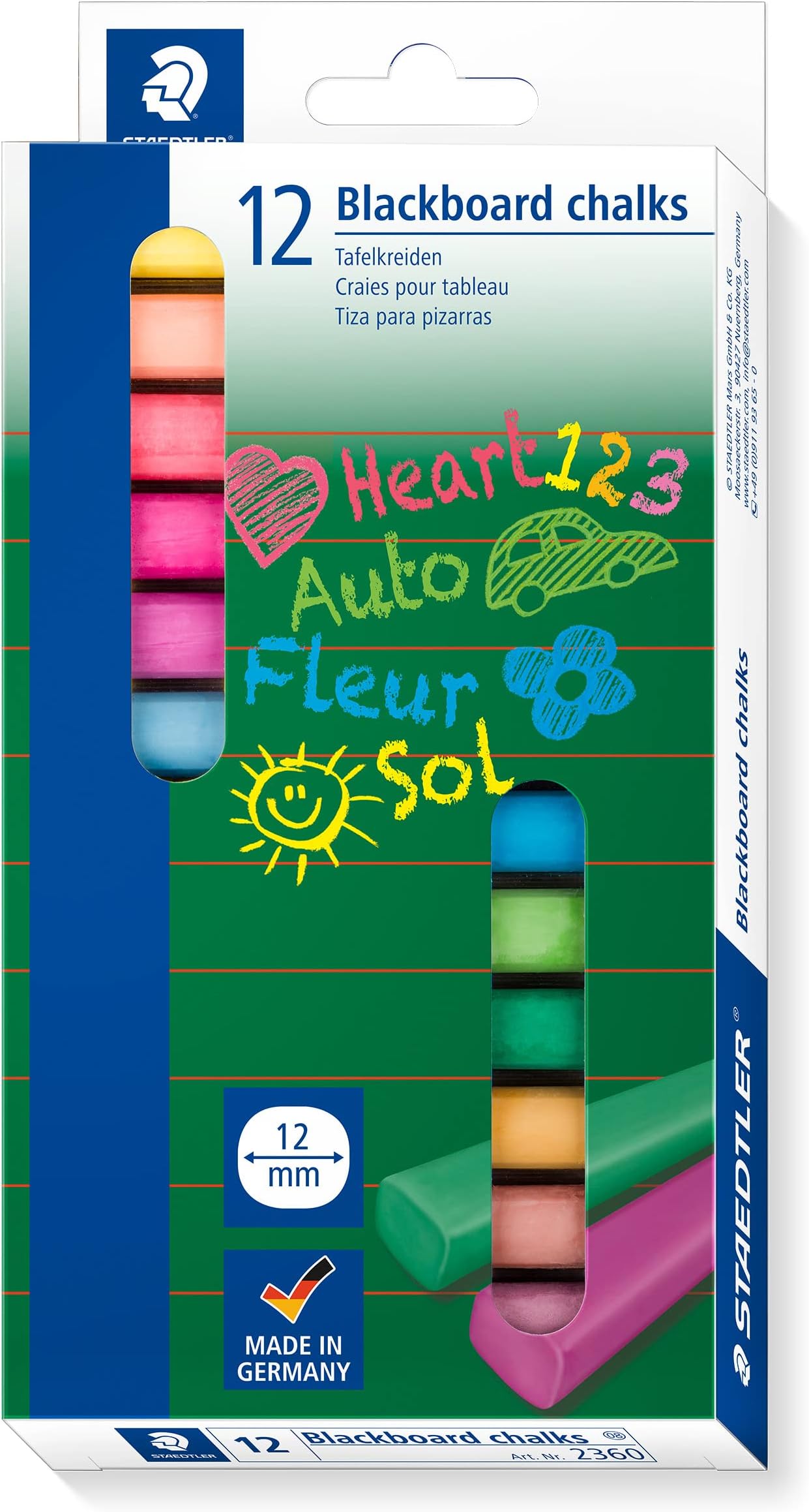 Staedtler (2360) - 12mm Thick Coloured Blackboard Chalks - Pack of 12 Assorted Colours