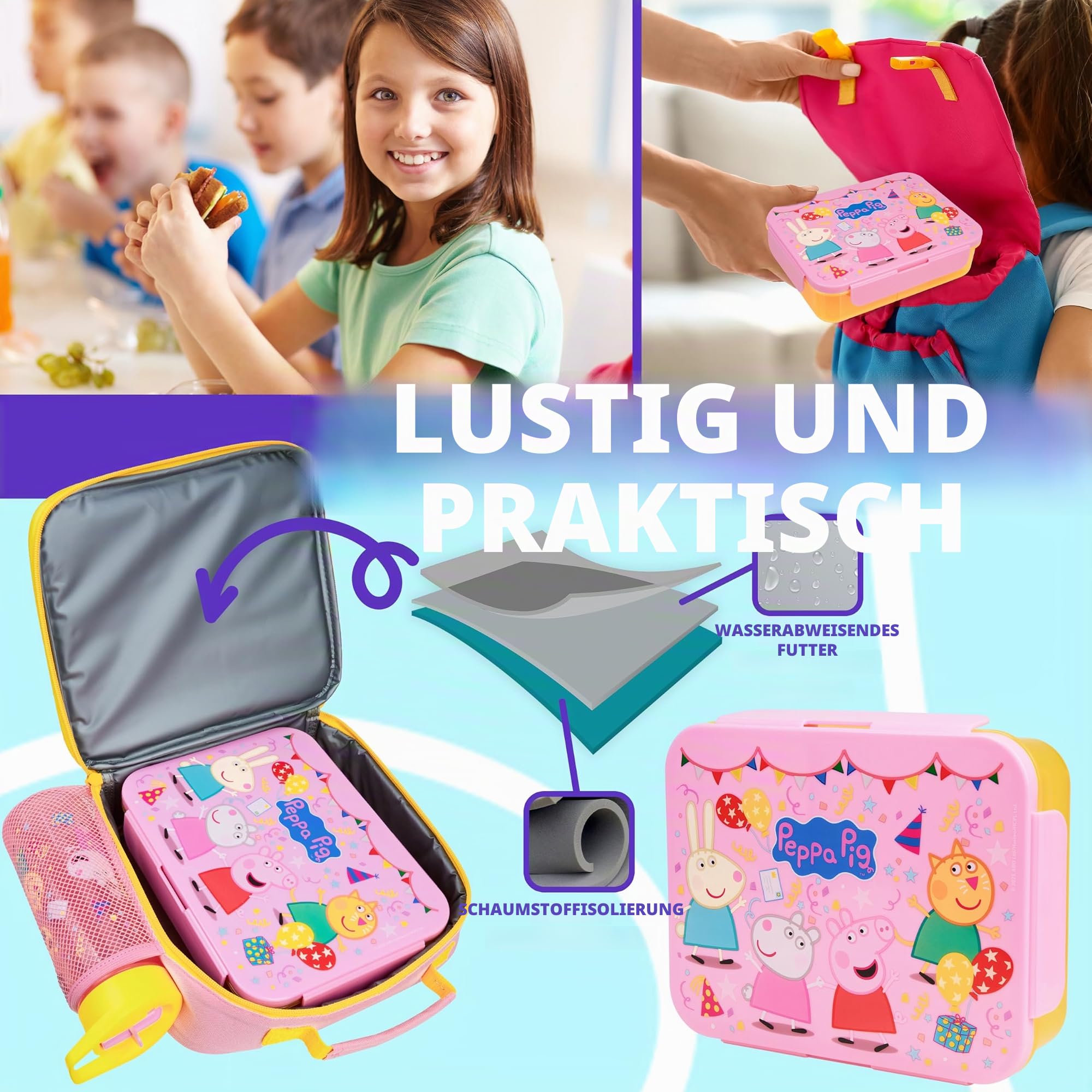 Get Trend Peppa Wutz Lunchtasche Kinder Set 3 Tlg. mit Trinkflasche, Lunchbox mit Fächern und Isolierte Snack Tasche, für Schule, Kita und Vorschule (Multi Peppa Pig)