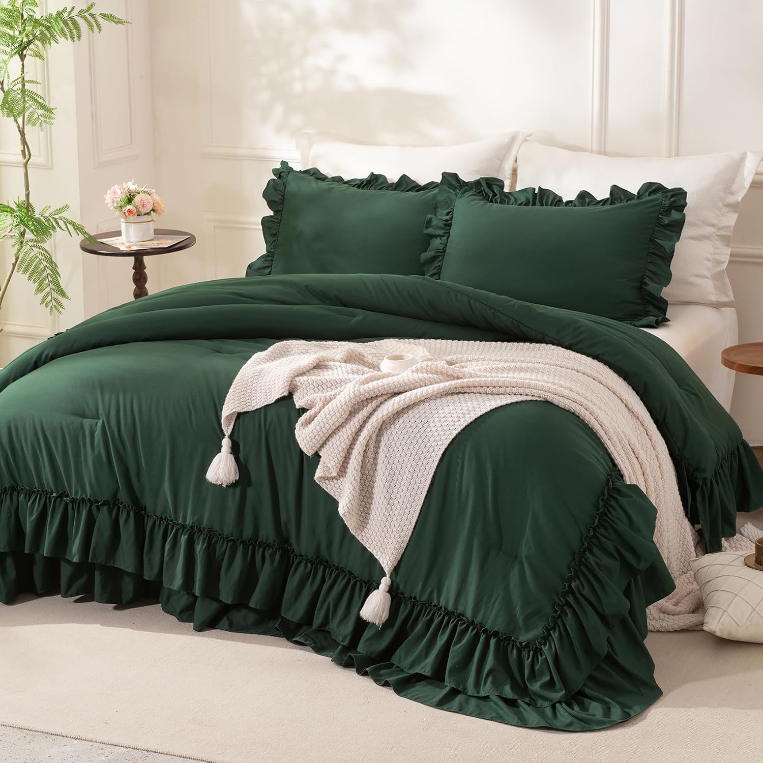 Dark Green Ruffle Comforter Set Queen Farmhouse Shabby Chic Bedding 3 Pcs