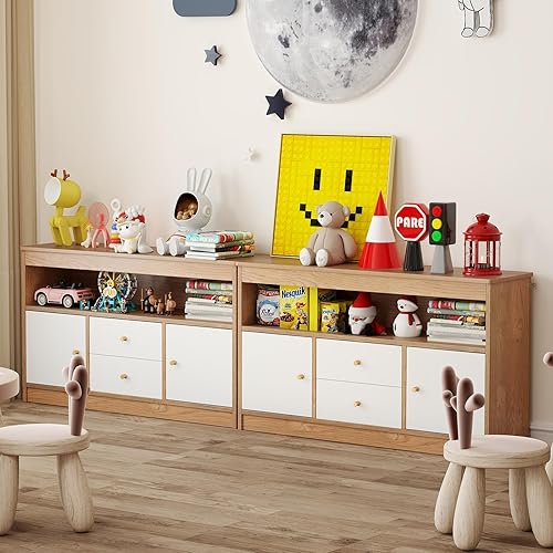 Miniatura 6 de Costzon Organizador de almacenamiento de juguetes, armario de madera para niños con 2 cajones, 2 armarios y estante abierto, organizadores de