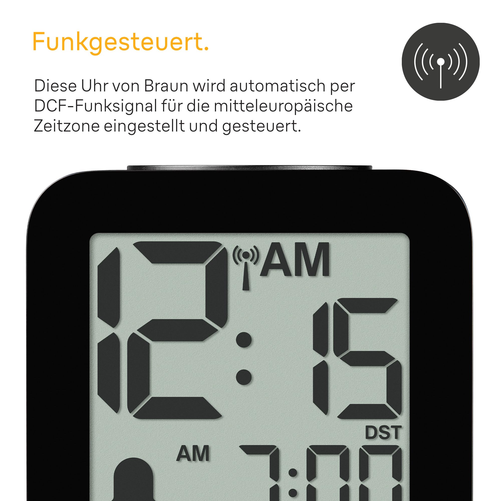 Braun digitaler funkgesteuerter Wecker für mitteleuropäische Zeitzone (DCF) mit Sprachausgabe, Schlummerfunktion, positiver LCD-Anzeige, ansteigendem Signalton in schwarz, Modell BC25BP-DCF