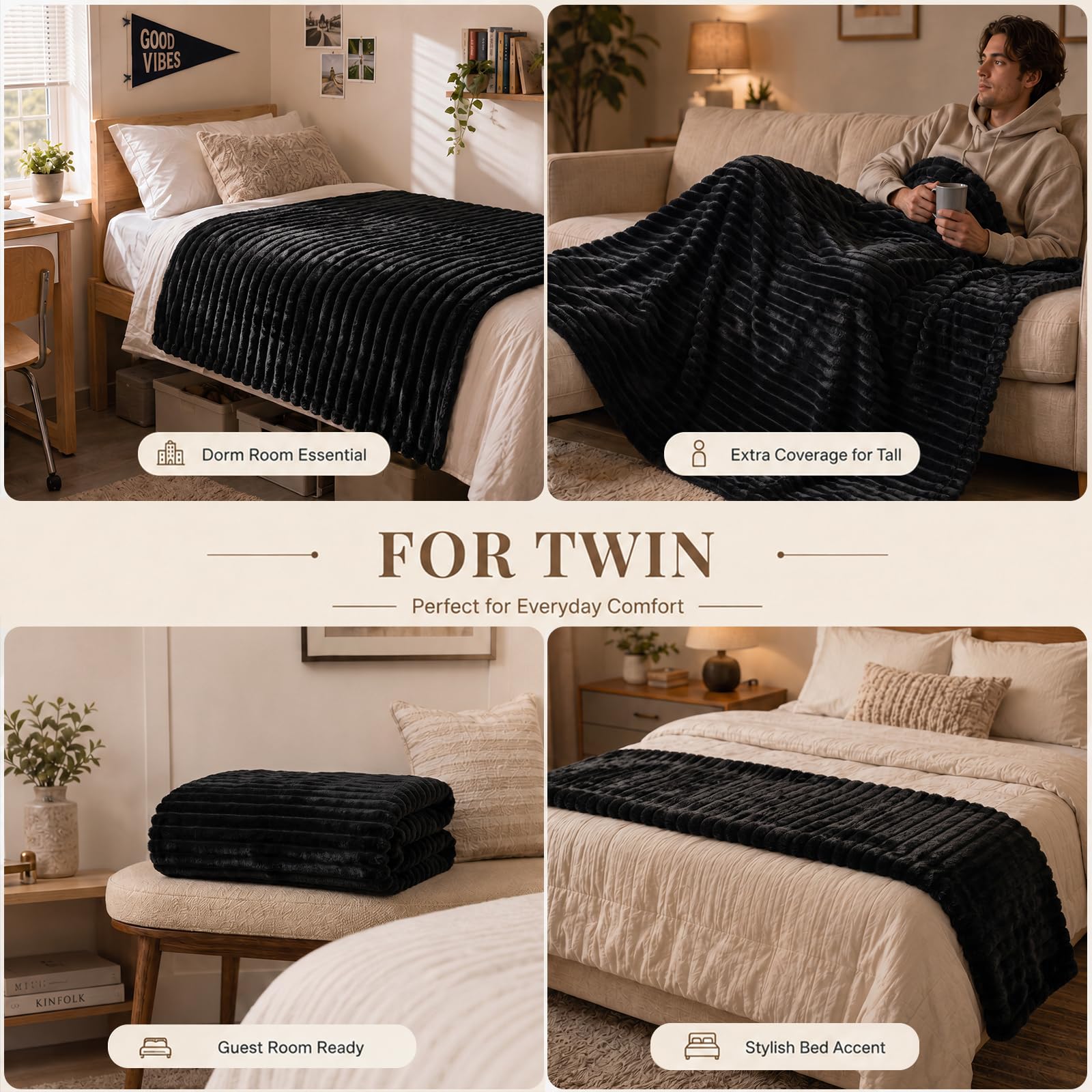 HIMEET Black Twin Blanket for Bed, 300GSM Ribbed Fleece, 60 x 80 Inches view 4