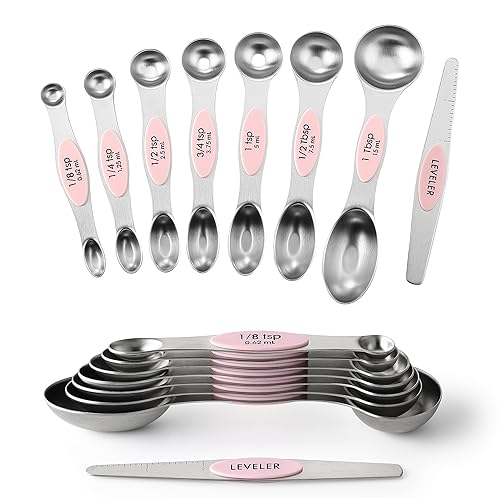 Spring Chef Magnetic Measuring Spoons Set, Dual Sided, Stainless Steel, Fits in Spice Jars, Pink Lemonade, Set of 8, 2 Pack - 2-Pack - Pink Lemonade