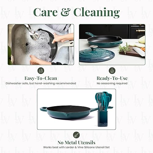 Miniatura 16 de Larder & Vine Sartén de hierro fundido esmaltado Sartén de hierro fundido de 10.25 pulgadas Sartén para saltear con boquillas de vertido