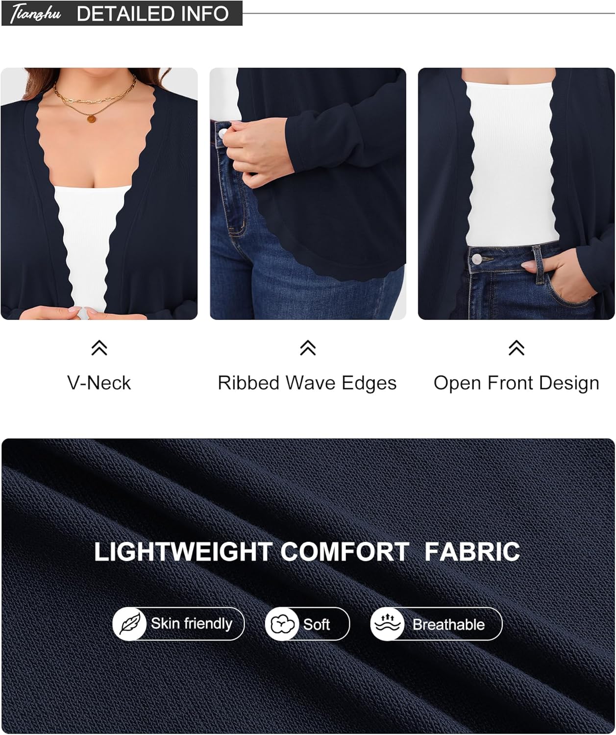 TIANZHU Women's Plus Size Cardigan Open Front Long Sleeve V-Neck Lightweight Cropped Knit Sweater XL-4XL - Image 6