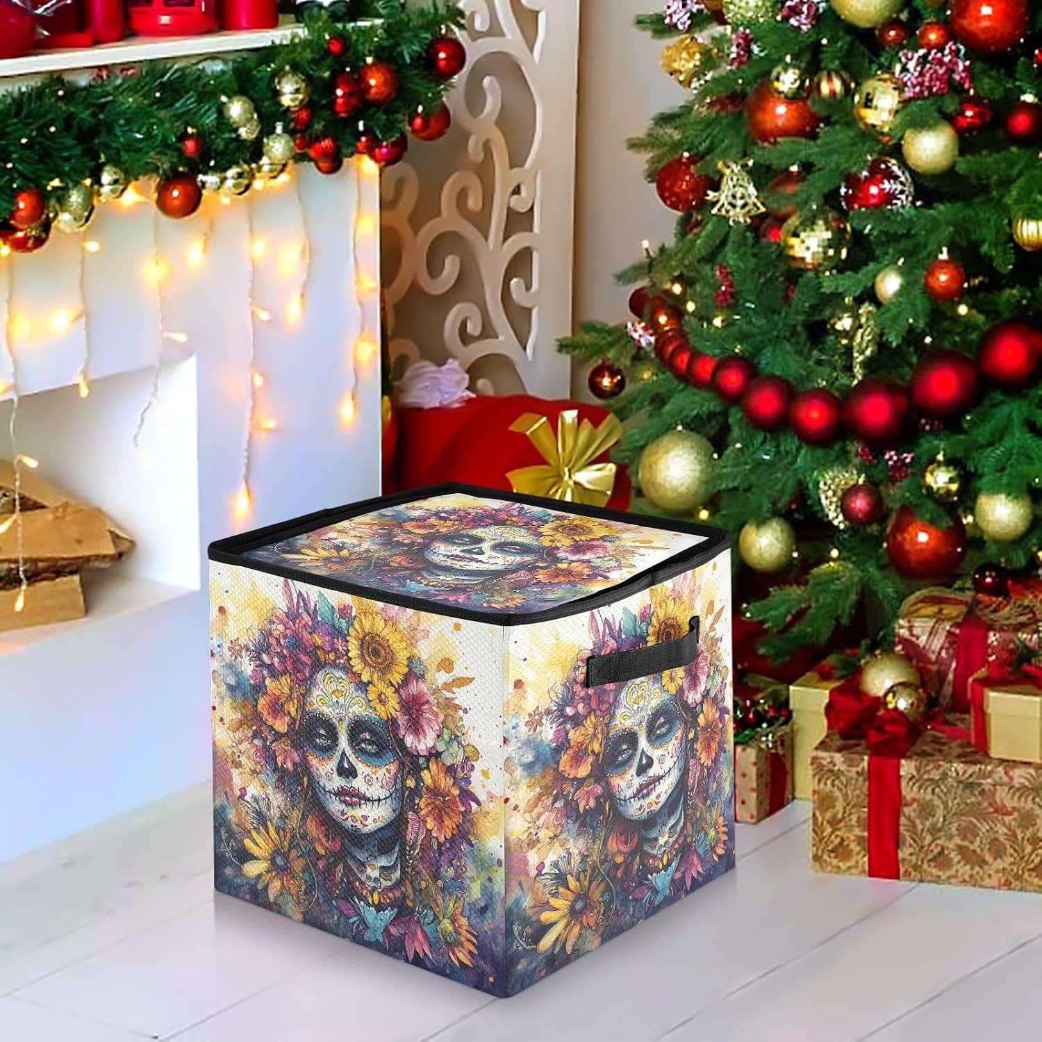 High Capacity Christmas ornament organizer Holds Up to 64, Adjustable Dividers, Zippered Top, Two Handles Foldable Holiday Storage Case with Lid,Dia De Los Muertos Mexican
