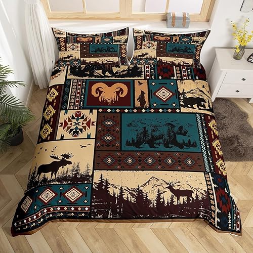 Miniatura 3 de Erosebridal Juego de funda de edredón azteca, tamaño King, rústico, del suroeste de Estados Unidos, juego de ropa de cama nativo de oso y ciervo,