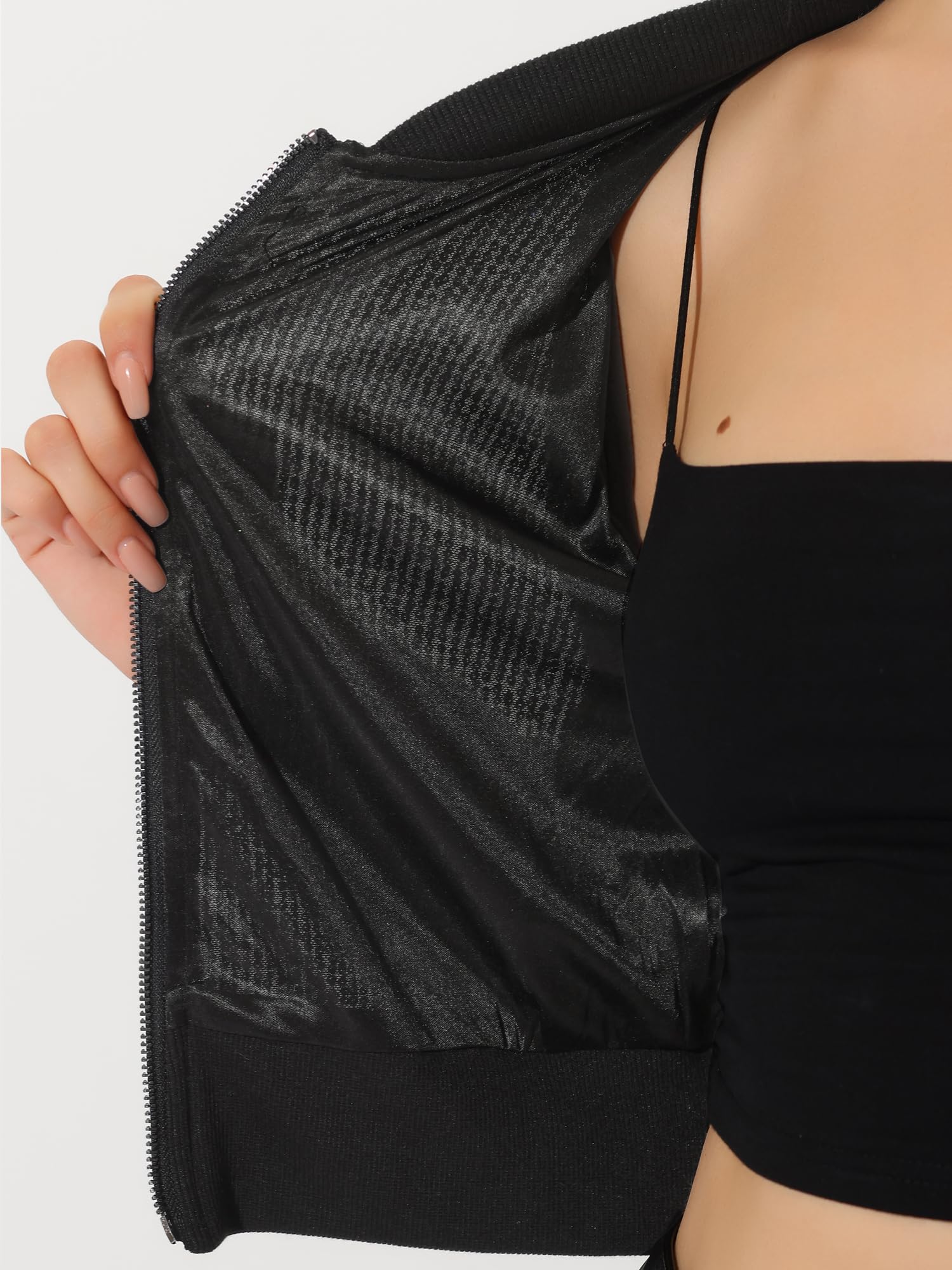 Allegra K Damen Pailletten Jacke Langarm Reißverschluss Crop Glitzer Sequin Bomberjacke Schwarz Mehrfarbig M