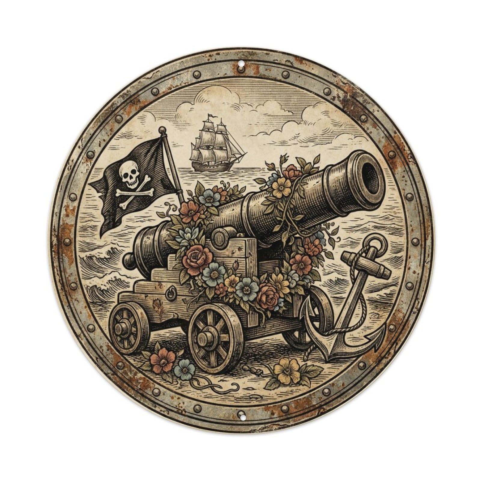 Anchor Big Cannon Broadside Emblem Black Flag Metal Tin Sign