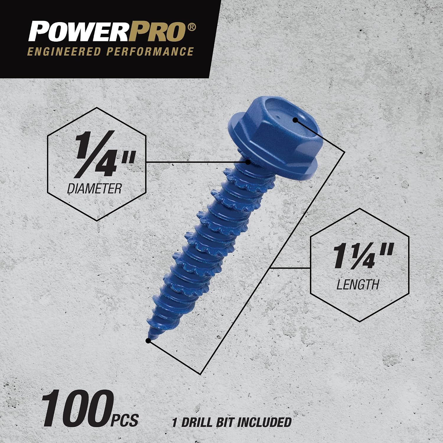 Power Pro Blue Hex Washer-Head Concrete Screw Anchors (1/4" x 1-1/4") - 100 pc